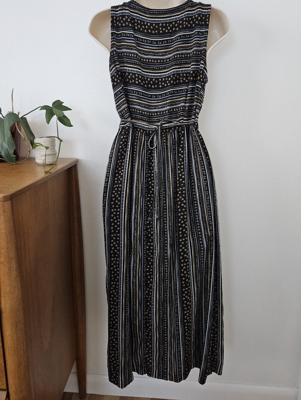 vtg stripe floral black cottage midi dress 90s y2k grunge boho indie urban - Picture 5 of 8